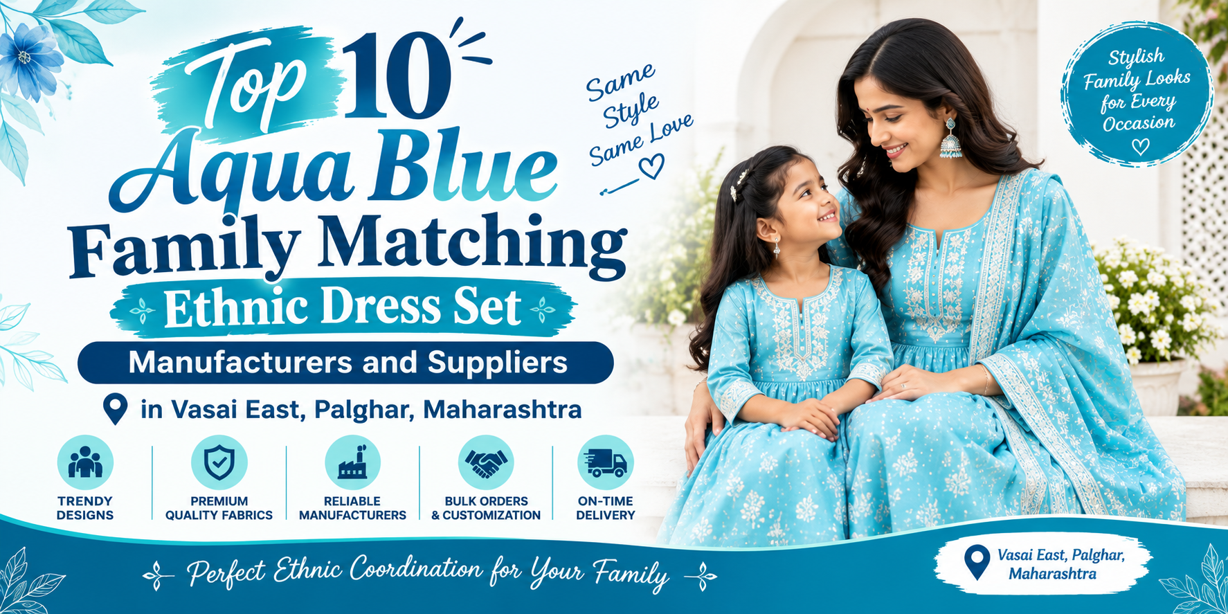 Aqua Blue Family Matching Ethnic Dress Set Manufacturer and Supplier in Vasai East, Palghar, Maharashtra